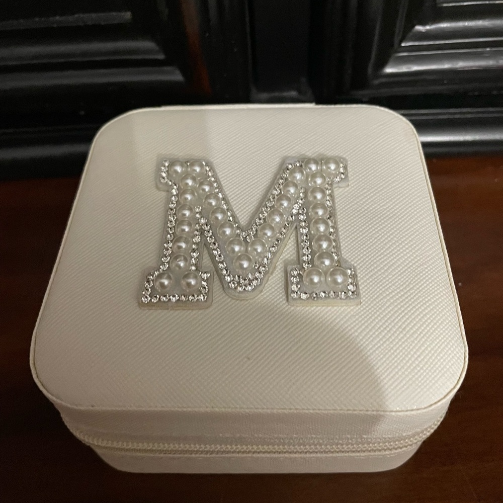 Monogram M Pearl & Rhinestone Jewelry Case - creamy White 4” x 4”